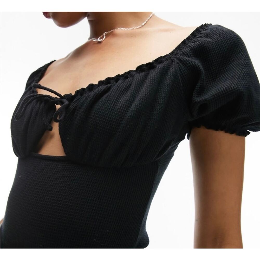 Top Shop Women's Black Top Size 12 Puff Sleeve Waffle Knit Cutout Bodysuit NWT